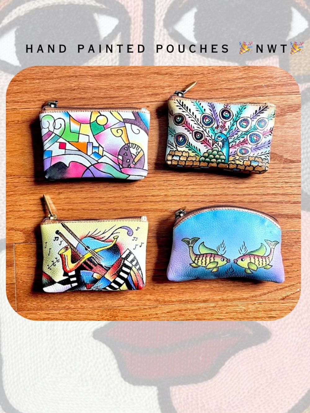 Set of 4 Hand Painted Abstract, Musical, Peacock, Fish Faux Leather Coin Pouches